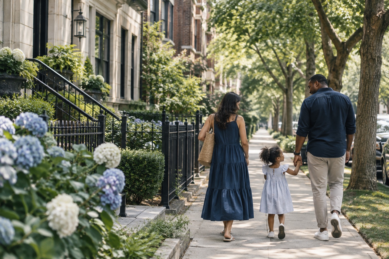 A family walking together along a tree-lined neighborhood street